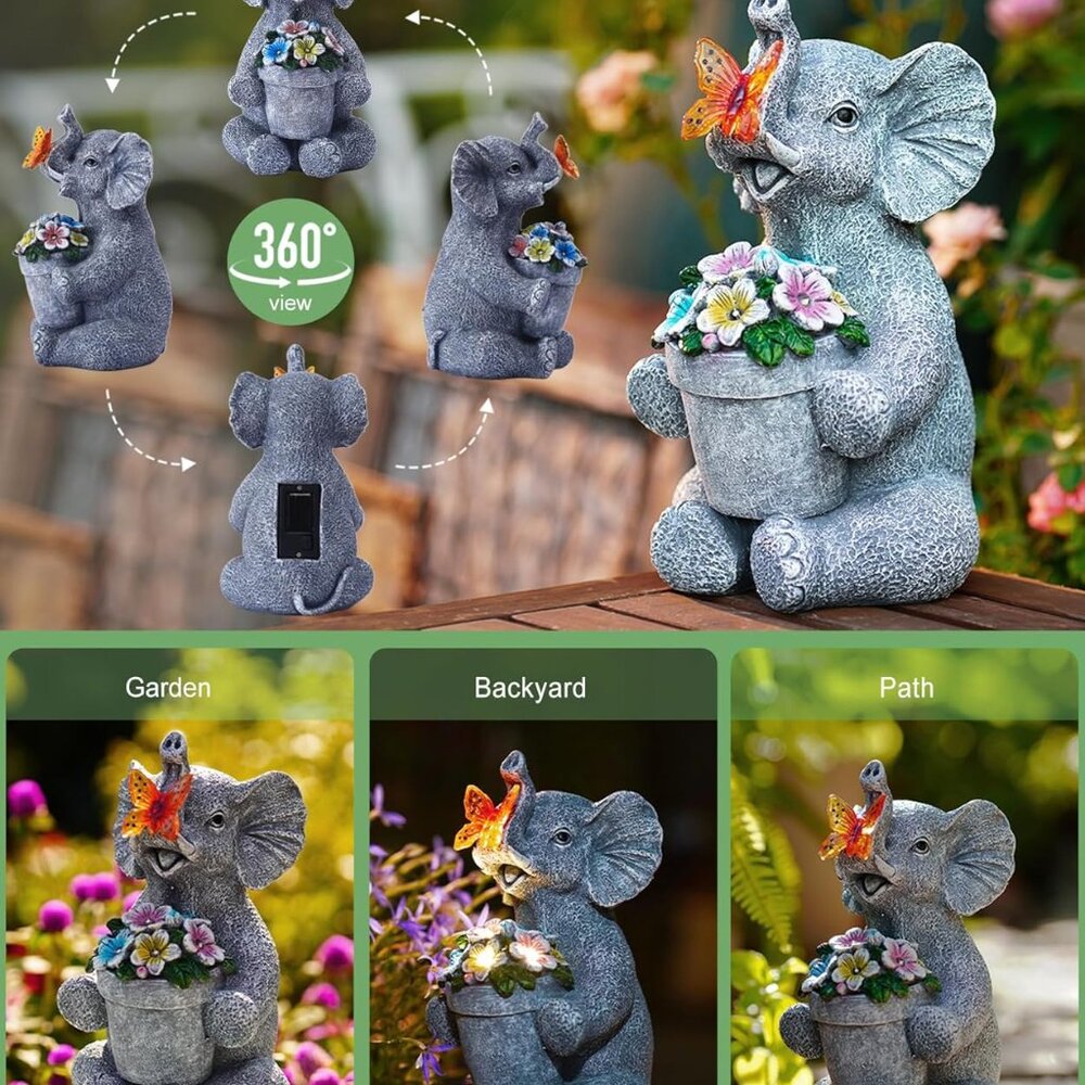 Solar Elephant Statue For Garden Decor: Outside Sculpture For Porch Patio House View 3